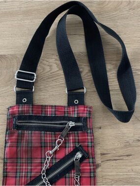 Y2K vintage punk rock Red tartan Plaid Crossbody Bag with Black Strap